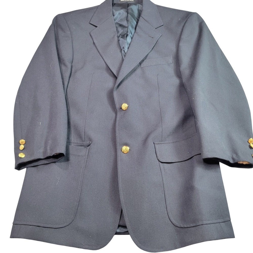 Lacrosse Mens Navy Blue Wool Blend Gold Crest Button Blazer Sport Coat 39R